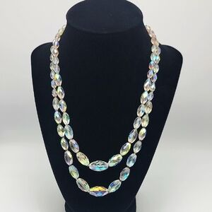 Elegant Iridescent AB Crystal Facet Glass Beaded Necklace Rhinestone Box Clasp